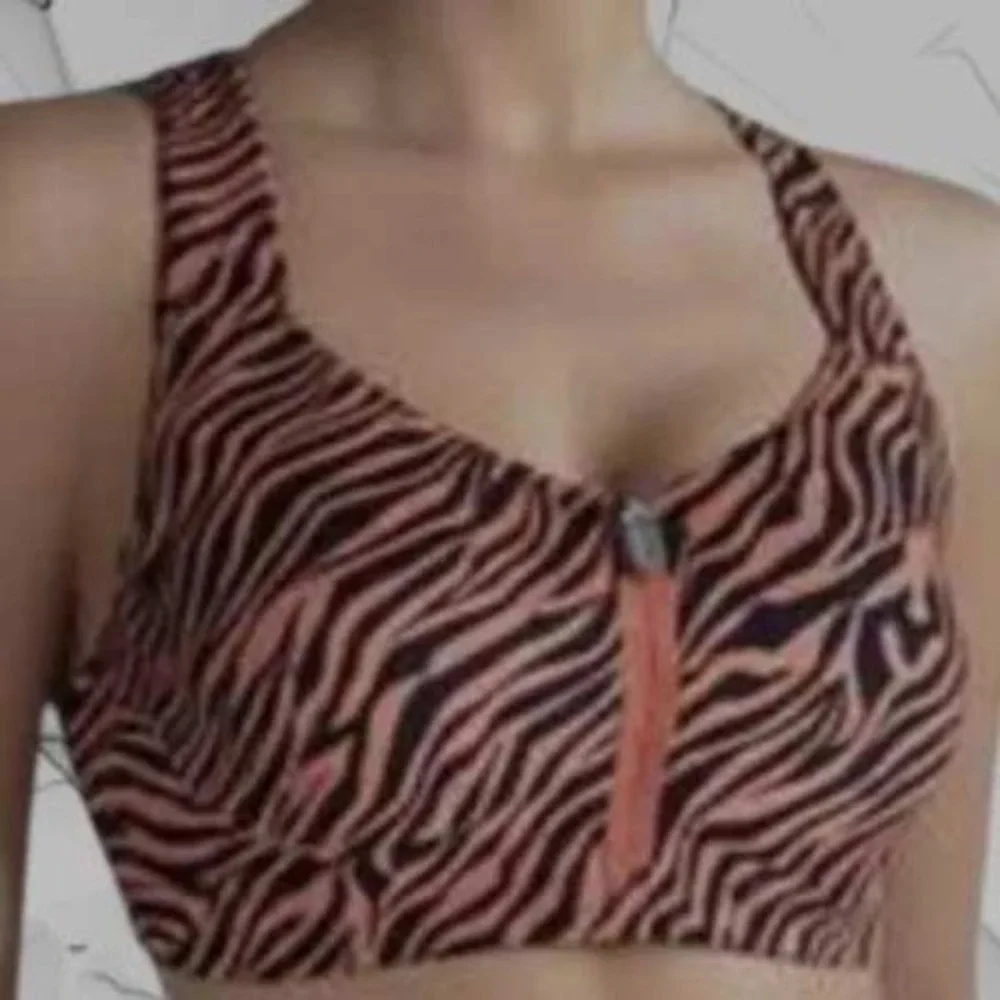 Victoria's Secret Sports Bra 34DDD Orange Zebra Front Zip Strappy High Impact